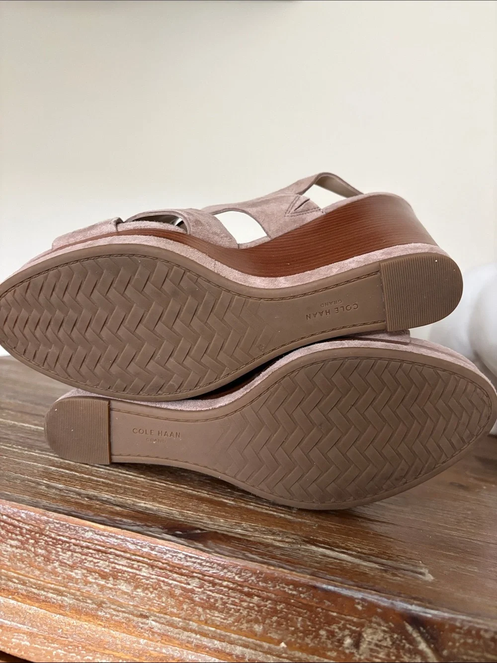 Cole Haan Taupe Suede Crisscross Wedge Sandals